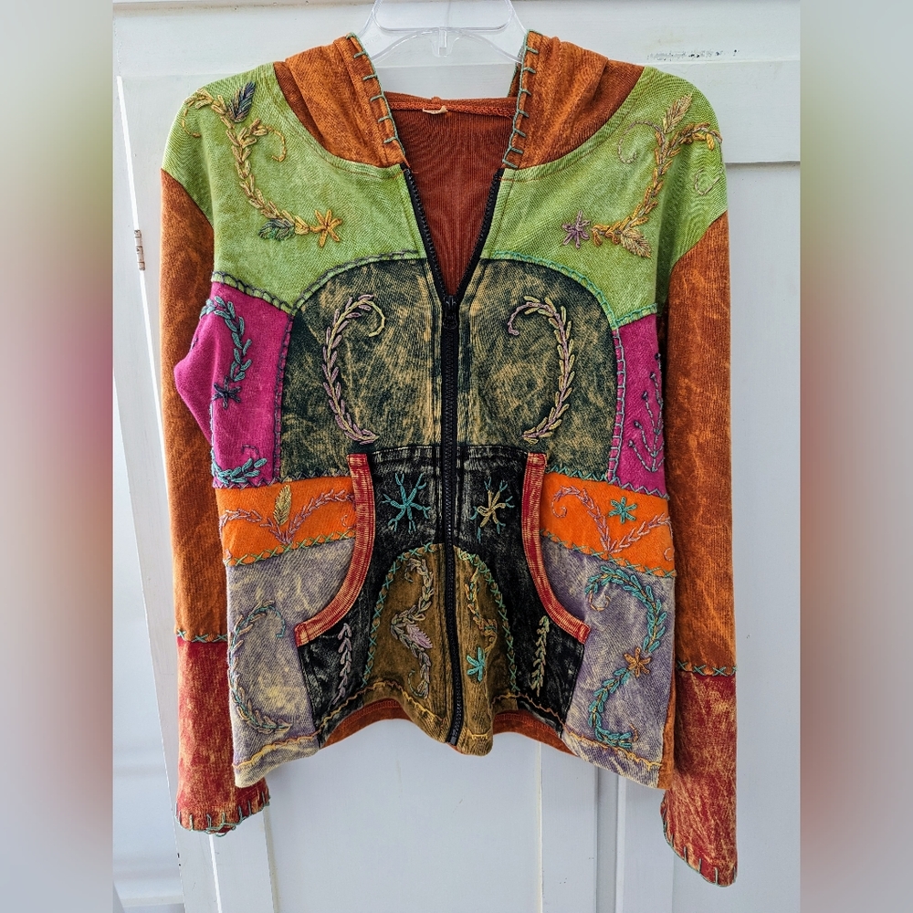 Hand embroidery stonewashed Nepal hippie fashion style cotton jacket Medium mult